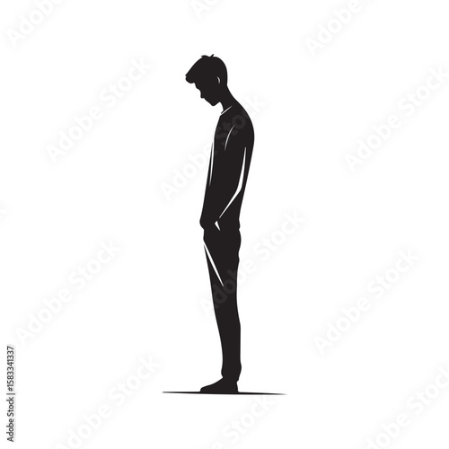 Vector illustration of a man standing in a contemplative pose, reflecting a calm, thoughtful, or melancholic mood isolated on a white background.