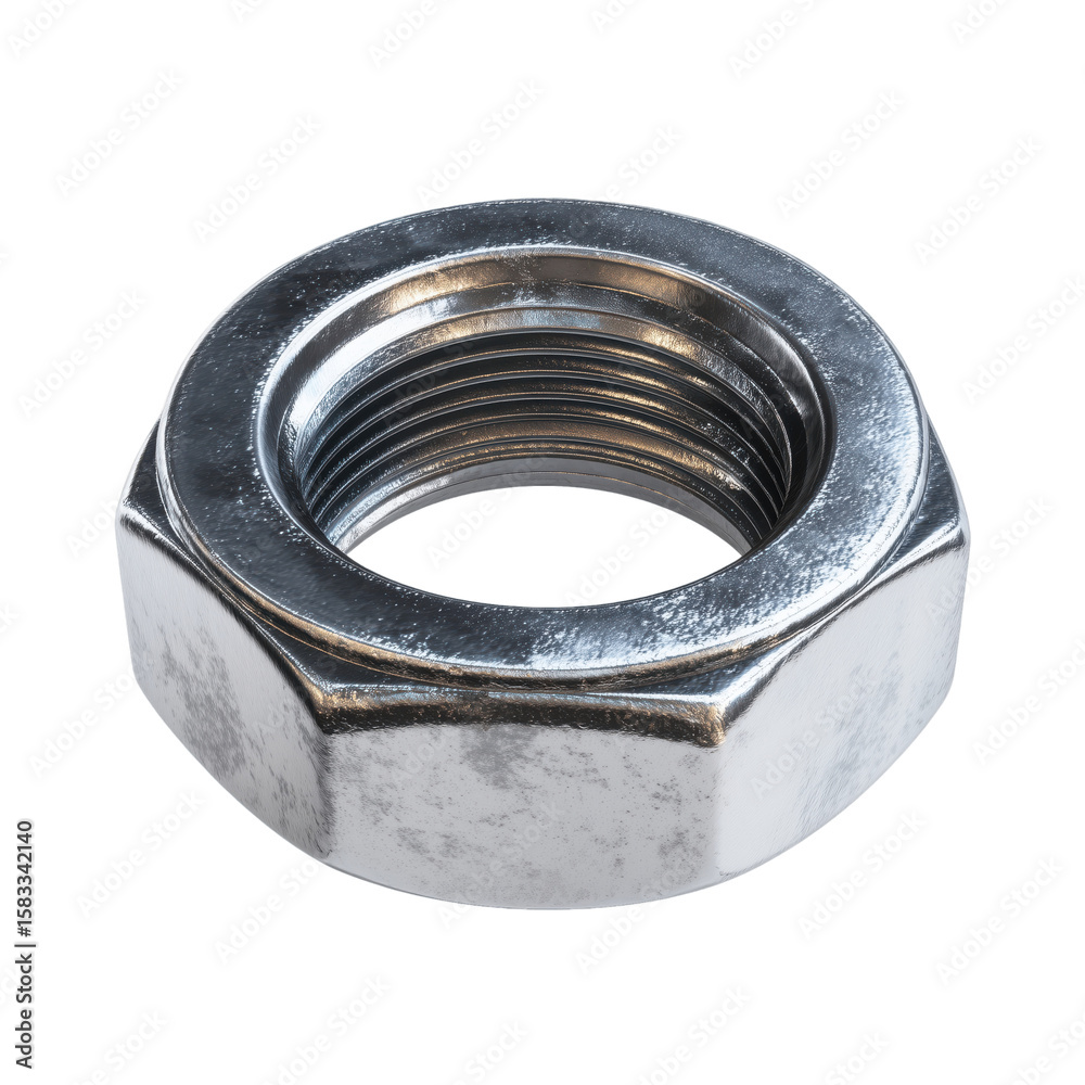 Metallic Bolt Nut: A close-up shot of a sturdy, metallic bolt nut, with its distinct hexagonal shape and threaded interior, emphasizing its industrial design and robustness. Metallic Bolt Nut: A close-up shot of a sturdy, metallic bolt nut, with its distinct hexagonal shape and threaded interior, emphasizing its industrial design and robustness.
