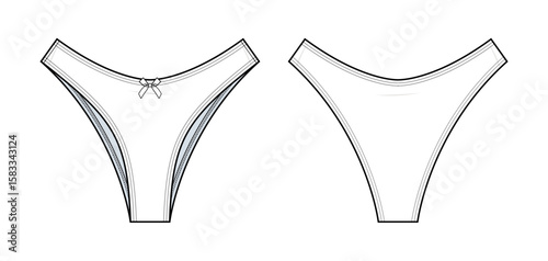 High-Rise Bikini Brief Technical Fashion Illustration. Women’s Underwear with Front Bow Accent Vector Template. Front and Back View. Moderate Coverage. CAD Mockup.