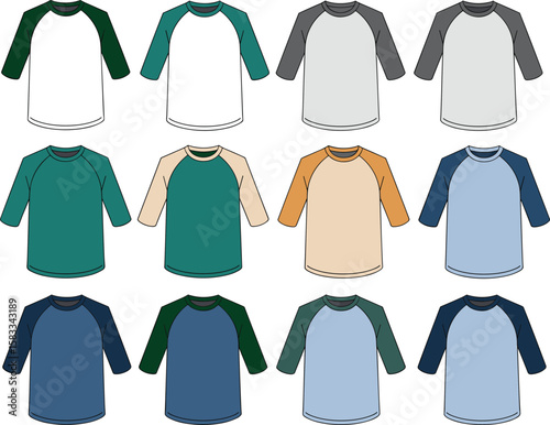Boys raglan 3/4 sleeve t-shirt front view vector flat sketch, kidswear fashion template, color variation design mockup for apparel