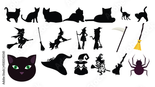 Silhouettes featuring various Halloween-themed elements. There are multiple cat silhouettes, a black witch's hat, and several witches on broomsticks
