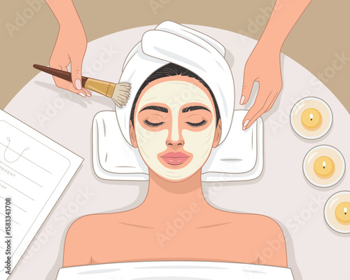 facial treatment and relaxation spa illustration with person in towel headwrap, candles, and skincare application, ideal for wellness themes
