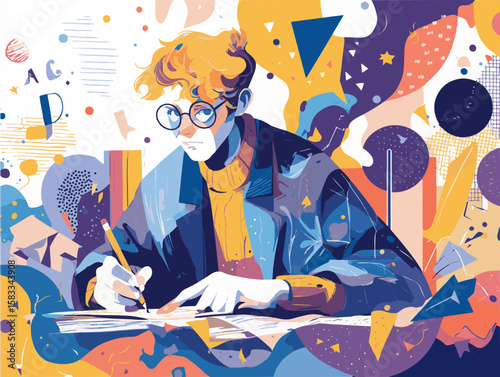 Creative Abstract Vector Illustration of Young Student Writing Surrounded by Colorful Shapes