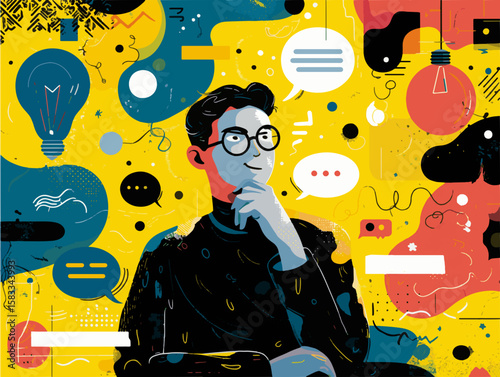 Man Thinking Deeply Surrounded by Abstract Dialogue Bubbles and Light Bulbs in Flat Vector Style