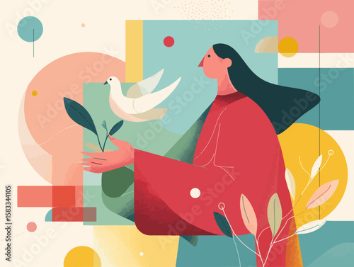 Memphis Vector of Woman Releasing Bird with Geometric Circle and Square Background, Side View