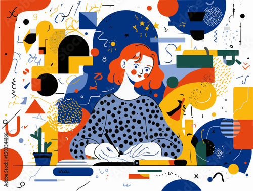 Creative Vector Illustration of a Red-Haired Woman Writing Surrounded by Memphis Abstract Shapes and Colorful Doodles