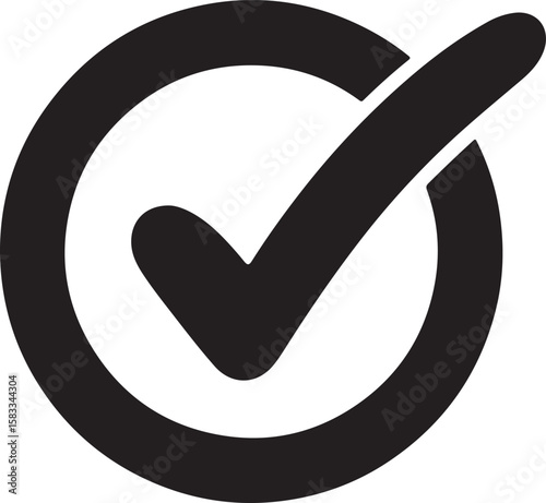 Simple Check Mark Icon Minimalist Design for Approval, Completion, or Verification, Black Tick Inside a Circle, Vector Graphic,  Signifying Validation and Progress
