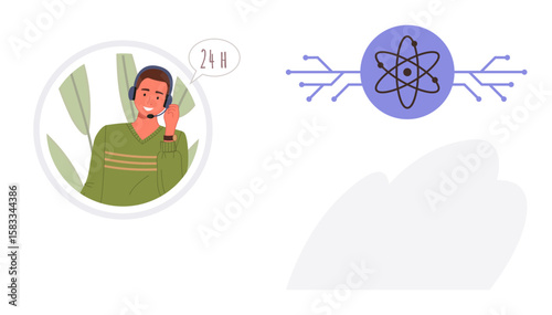 Customer service representative with headset, speech bubble, and atom with circuit lines. Ideal for communication, support, technology, innovation, connectivity science and problem-solving. A