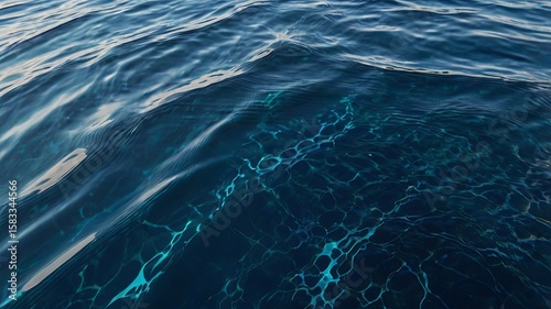 Top view of deep blue ocean surface, abstract light refractions, gentle ripples