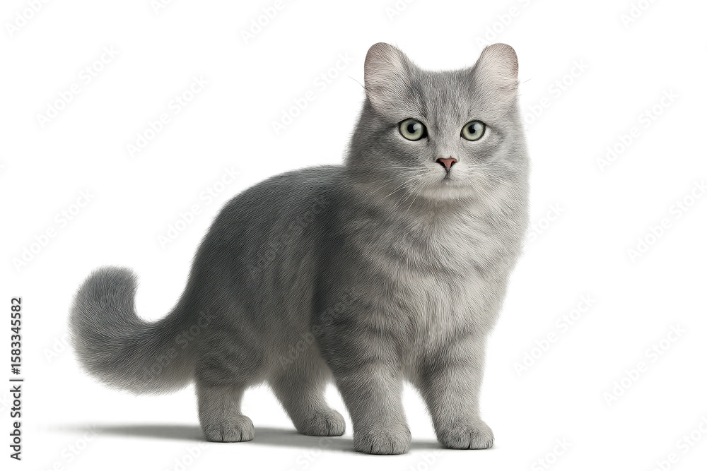 Obraz premium Adorable fluffy grey cat with green eyes isolated on transparent background.