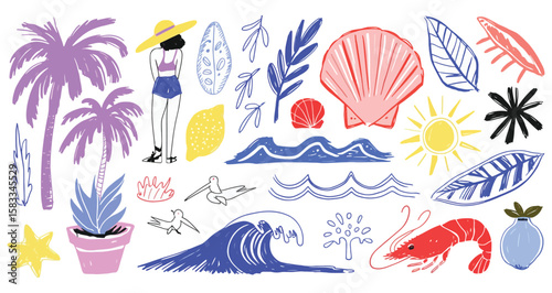 tropical beach scene with woman in swimsuit, purple palm trees, sun, leaves, starfish, shrimp, and shells, perfect for summer-themed designs