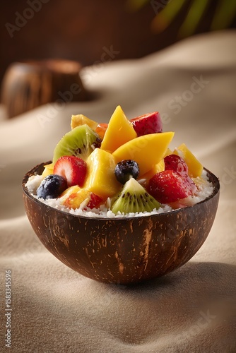 Tropical fruit salad served in a coconut shell, presented on a sandy surface.