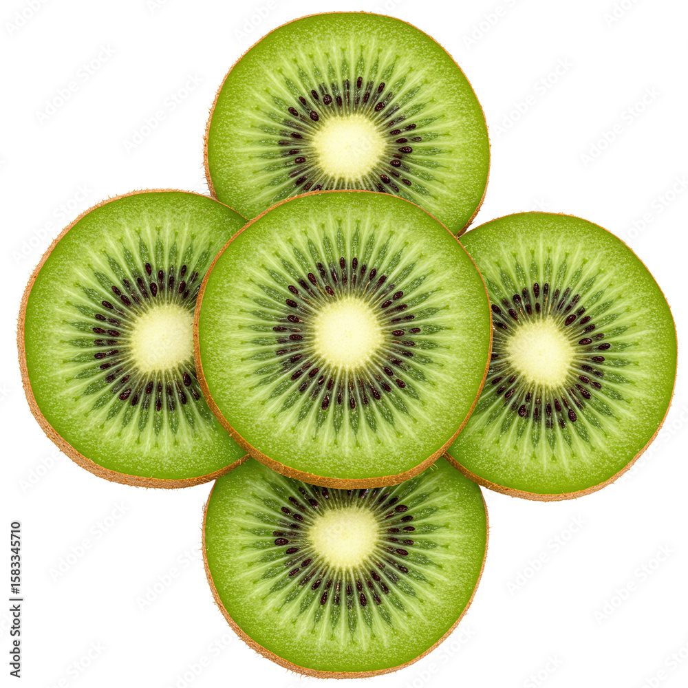 Fototapeta premium Fresh Green Kiwi Slices with Bright Interior and Black Seeds on Transparent Background