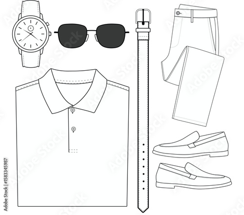 Men's Clothing and Accessories Outline Vector Illustration