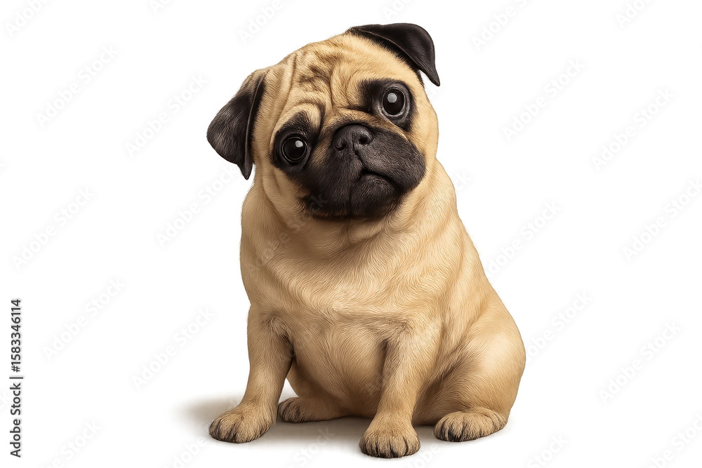 Obraz premium Cute fawn pug dog sitting with head tilted, isolated on transparent background
