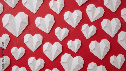 White origami hearts arranged on a vibrant red cardboard background for festive Valentine's Day decoration and celebration themes.