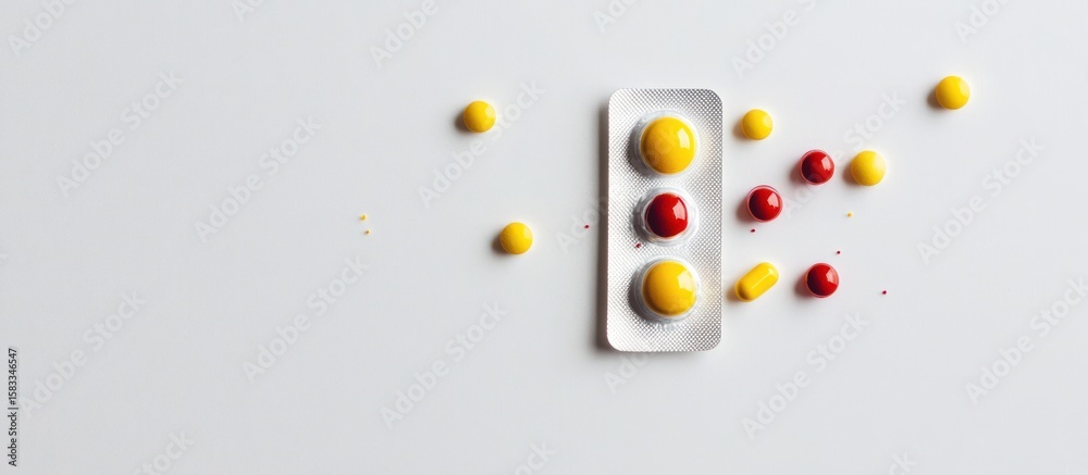 Pills scattering on white background, depicting medication and healthcare treatment Pills scattering on white background, depicting medication and healthcare treatment
