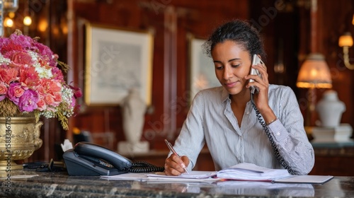 Woman handling phone and documents, busy hotel front desk atmosphere
