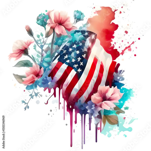 American flag with watercolor red blue and pink flowers on white background concept of patriotic greeting card, celebration poster, floral holiday print, national independence congratulation