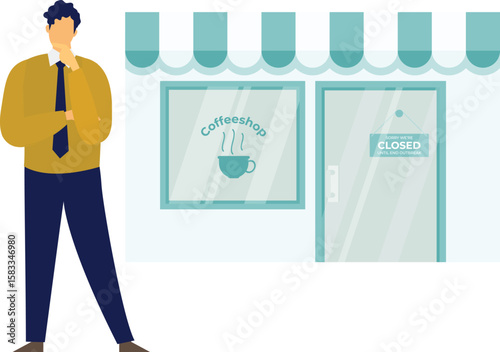 The boy is standing outside the coffee shop.