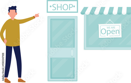 The boy puts up an open board in front of his store.