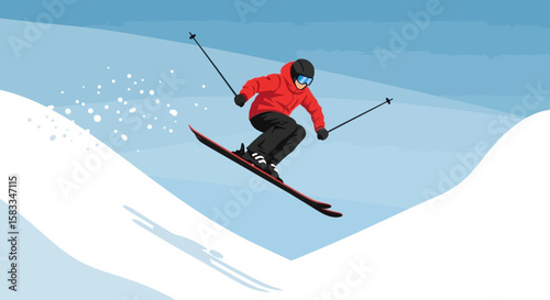 Colorado day of Adventure Skier's Thrilling Jump Over Snowy Peaks in the Mountains illustration
