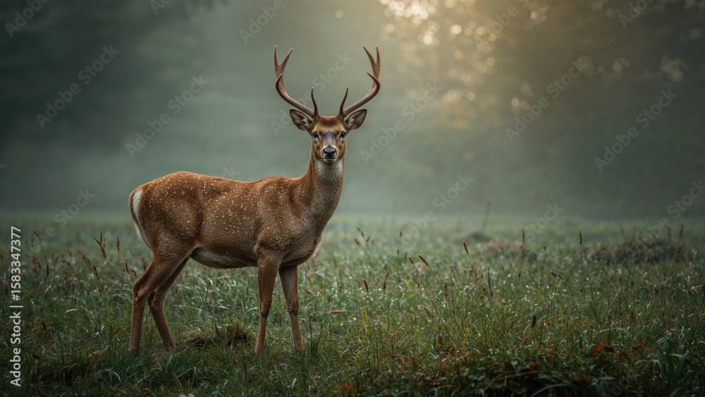 Fototapeta premium Mating season scene with a female red deer on a foggy forest meadow, highlighting wildlife in their natural surroundings