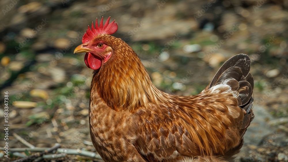 Fototapeta premium Farmyard hen featuring a red headpiece and brown feathers standing in habitat