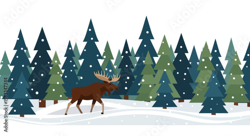 Moose in a Colorado Winter Day Animated Vector Illustration of Forest Scene, Coniferous Trees in Snowy Landscape