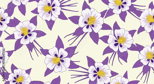 Colorado Day Elegant Floral Pattern Featuring Columbine Flowers in Violet Hues, Nature Inspired Seamless Design