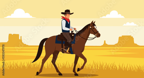 Colorado day dreams Cowboy on horseback riding through the open plains in a colorful landscape with scenic mountains view.