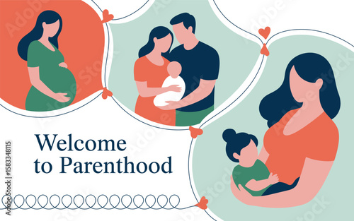 parenthood concept illustration set showing pregnancy, baby care, and toddler holding, ideal for parenting, health, and lifestyle themes