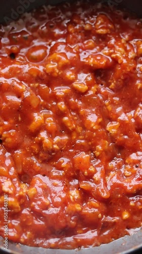 Cooking Tomato Sauce With Ground Pork For Pasta Boiling In Frying Pan. Top view shot	