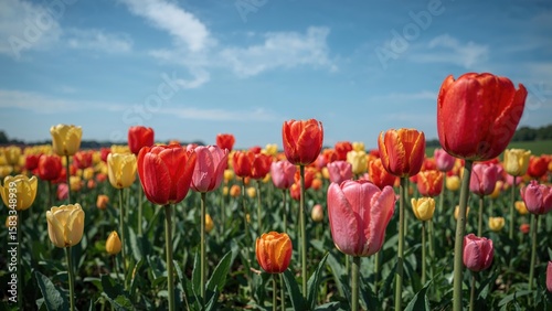 Tulip blossoms spread across a field in the spring season
