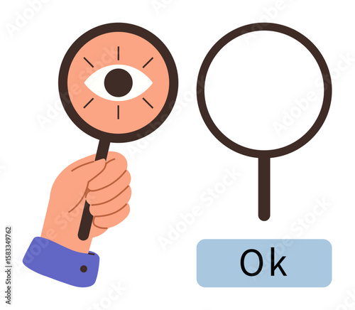 Hand grips magnifying glass showing eye detail, alongside an empty magnifying glass with OK text beneath. Ideal for vision, observation, clarity, inspection, approval, feedback exploration. Simple