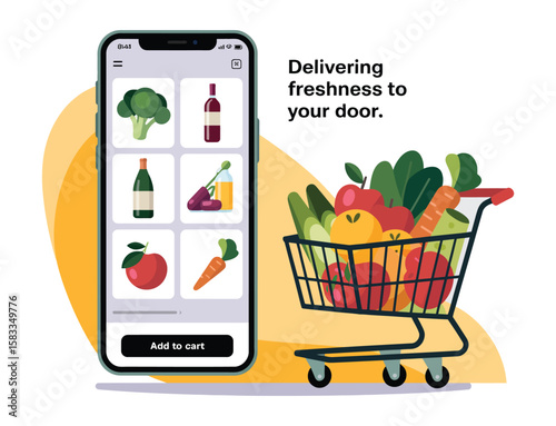 online grocery shopping concept with smartphone app interface, fresh fruits and vegetables in shopping cart, and delivery message