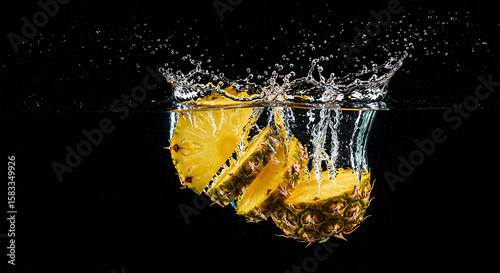 Slices of pineapple falling into water, creating a splash against a dark background, capturing the moment of impact and water movement.