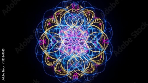 Symmetrical Glowing Abstract Mandala with Intertwined Neon Lines and Vibrant Colors on Black Background - Ethereal Digital Art