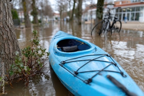 A striking scene featuring a blue kayak resting amid the floodwaters on a city street, reflecting the impact of recent heavy rainfall and environmental challenges.