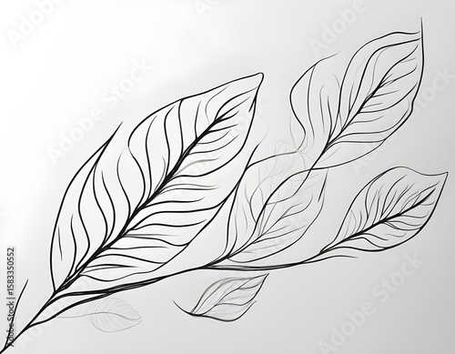 Monochrome leaves。 Continuous line drawing. Vector illustration.