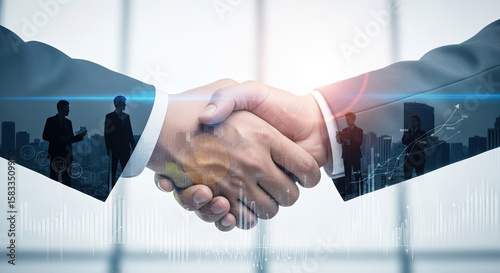 Business Partnership Handshake with Cityscape and Financial Growth Overlay: Symbolizing Success, Agreement, and Collaboration in Global Markets.