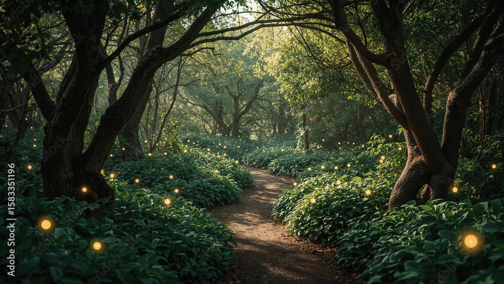 Fototapeta premium Magical woodland glowing with fairy lights and a bright sunny trail