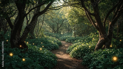 Magical woodland glowing with fairy lights and a bright sunny trail