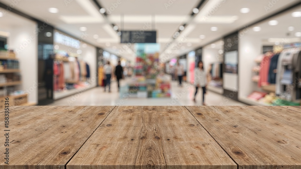 Focused empty wood table against an indistinct shopping area for promotional use Focused empty wood table against an indistinct shopping area for promotional use