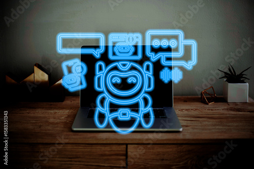 Futuristic Neon AI Chatbot Interface on Laptop Screen in Modern Workspace, Artificial Intelligence Technology Concept