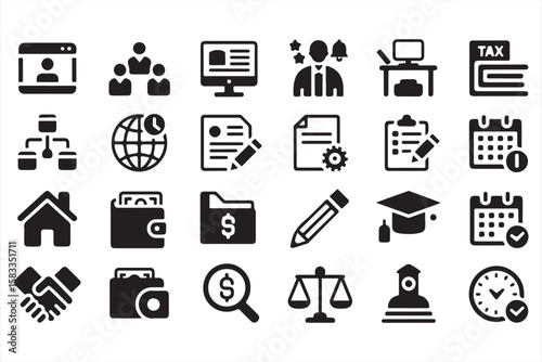 Collection of Business, Finance, and Study Icons for Work and Learning Tools