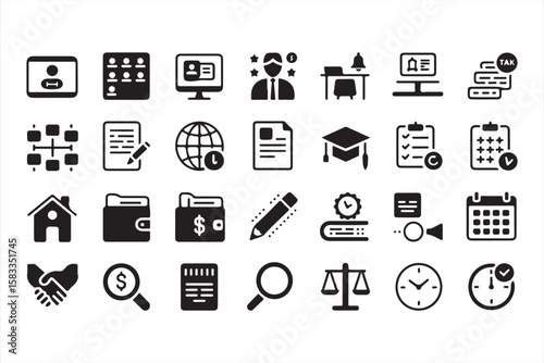 Business, Finance, and Educational Icons for Digital Workspaces and Task Management