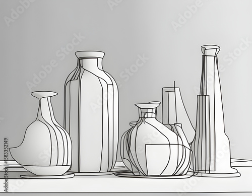 3D modern morandi 。 Continuous line drawing. Vector illustration.