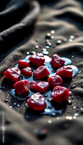rough ruby stones wet with water on black velvet cloth, glistening under spotlight