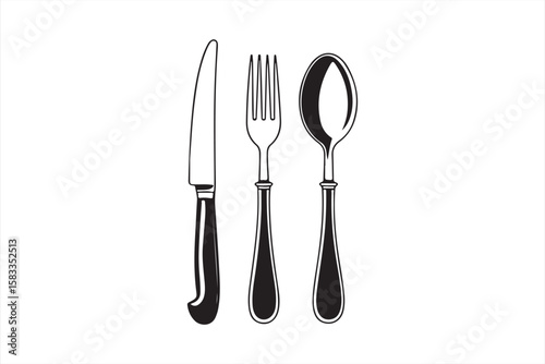 Black and white cutlery trio with knife, fork, and spoon design, symbolizing elegant dining